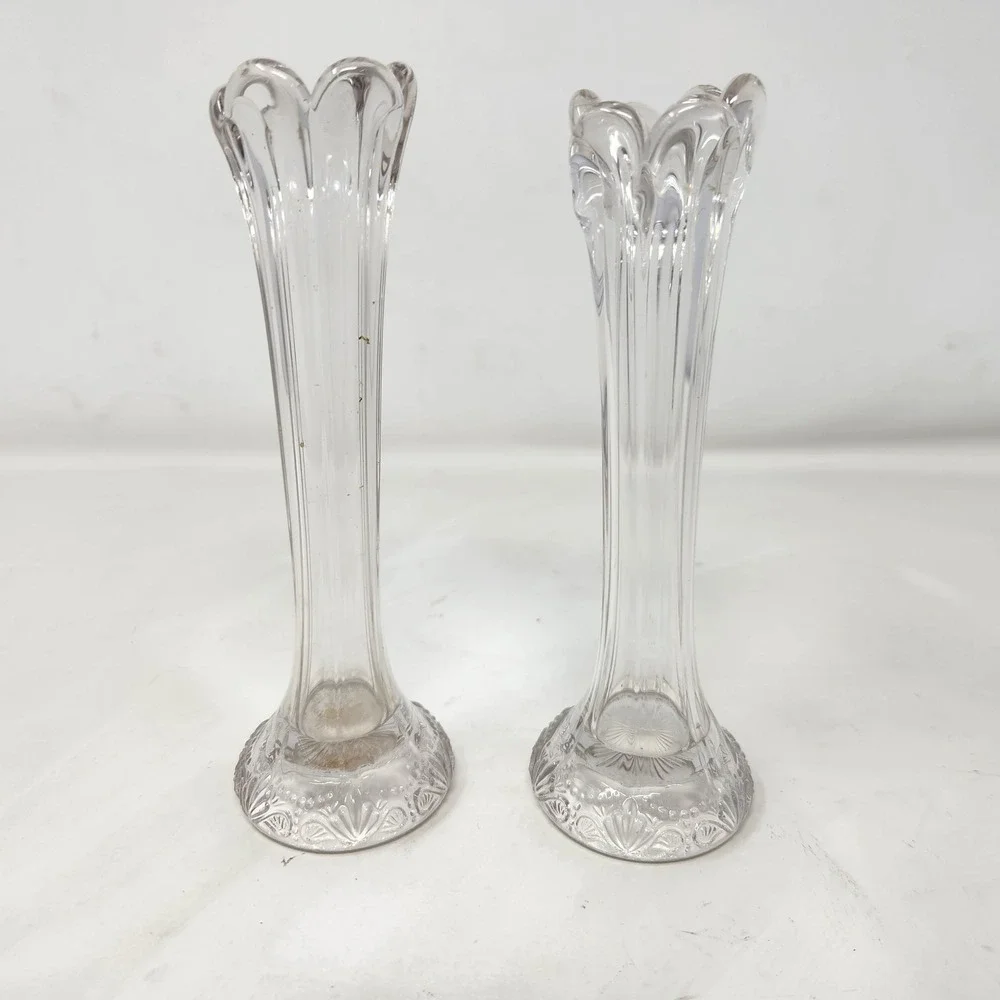 Vintage Clear Pressed Glass Bud Vases Set of 2 Scalloped Rim Ribbed 6.5 Inch